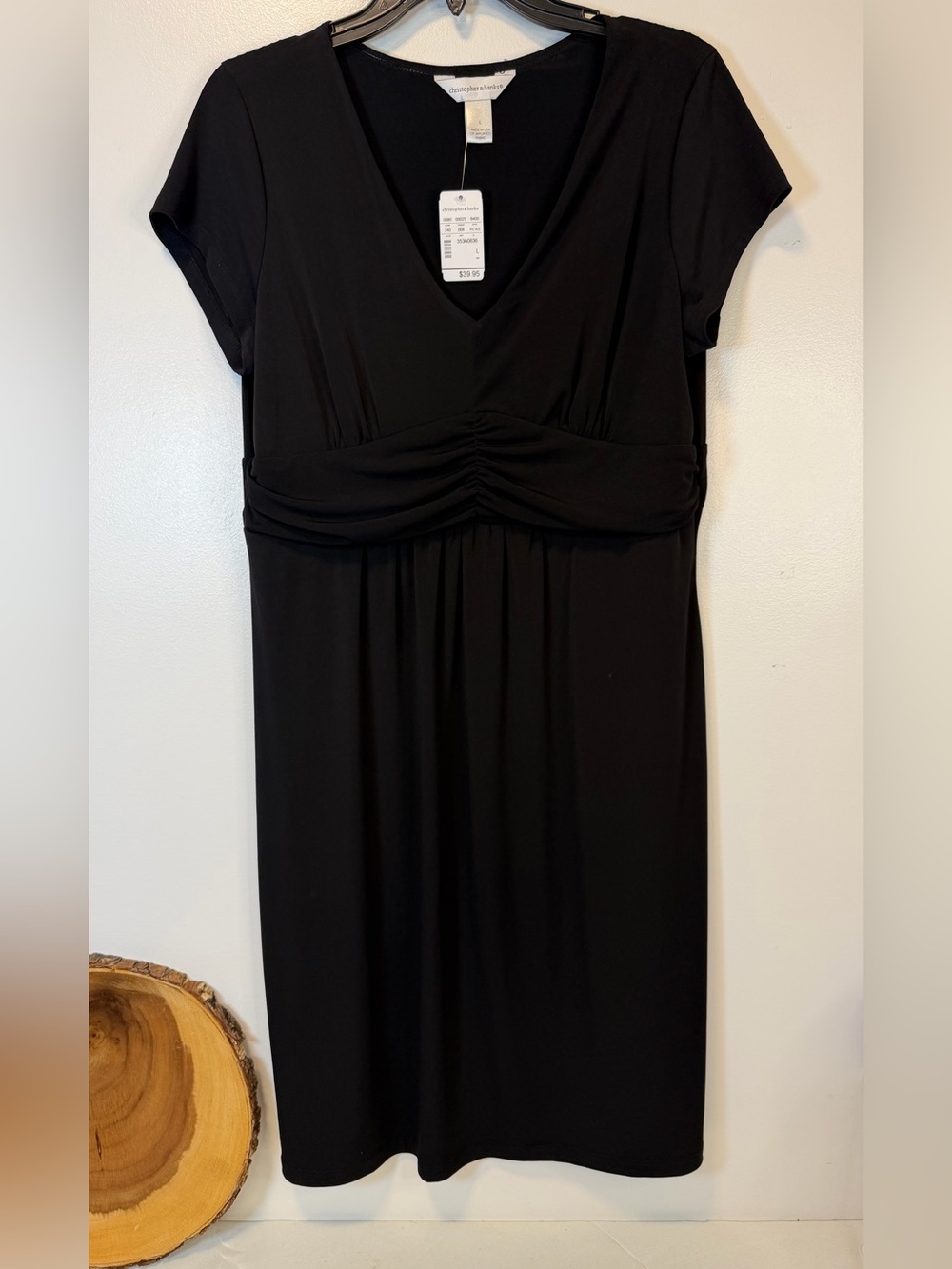 Christopher & Banks Classic V-Neck Black Midi Dress Ruched waist Women’s Large